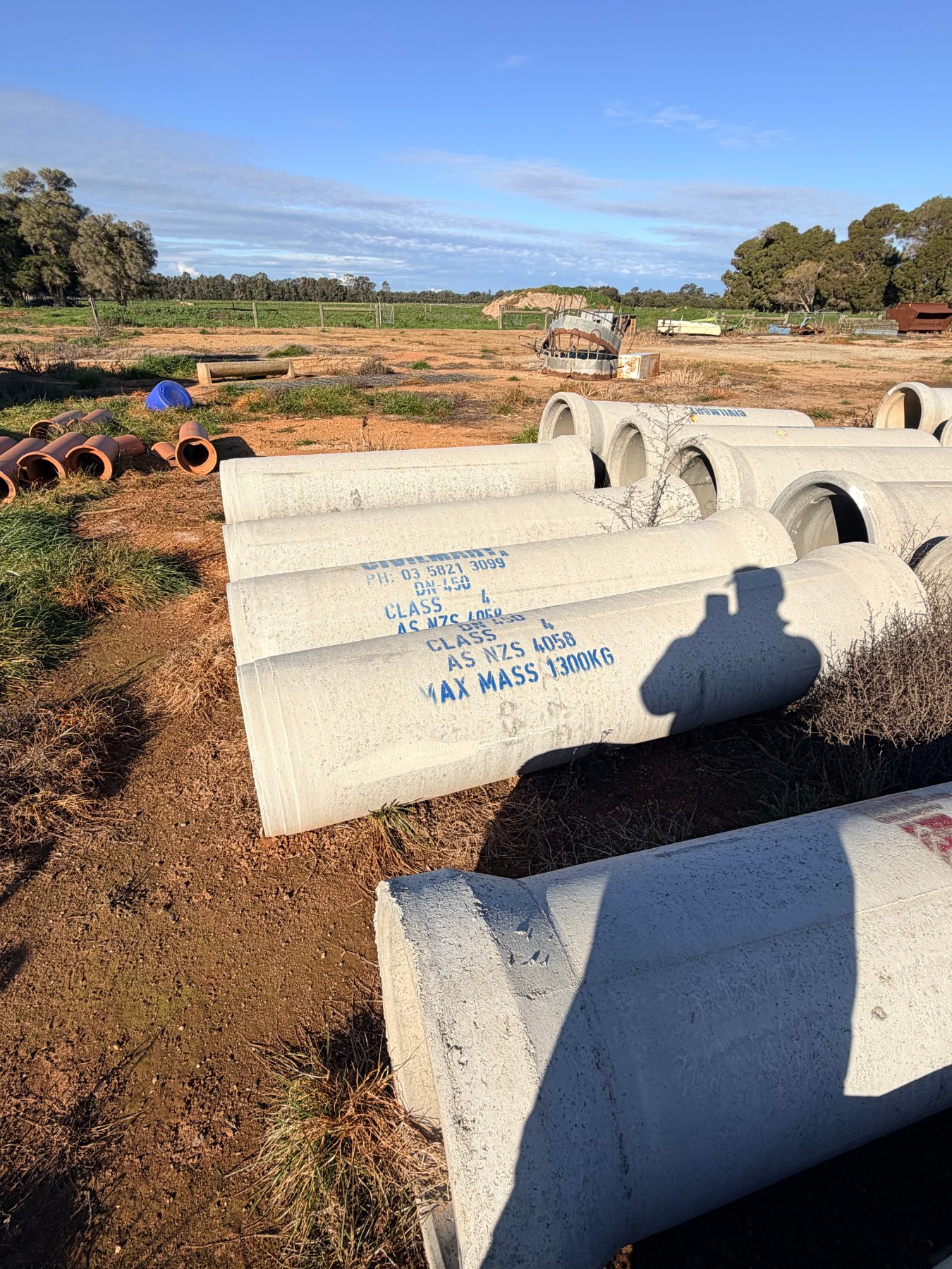 Pair of as new DN 450 Civil Mart concrete pipes 450mm x 2400mm