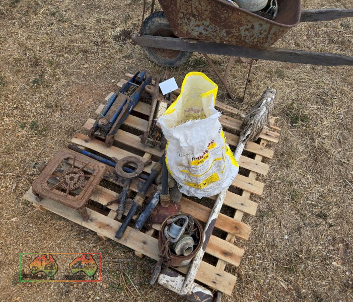 Pallet of Jacks, Sundries & A Wheelbarrow