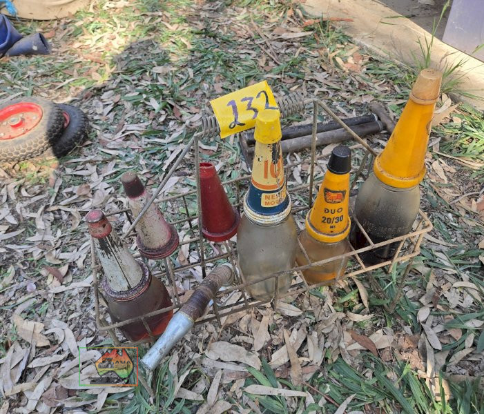 Garage Oil Bottle Stand & Glass Bottles