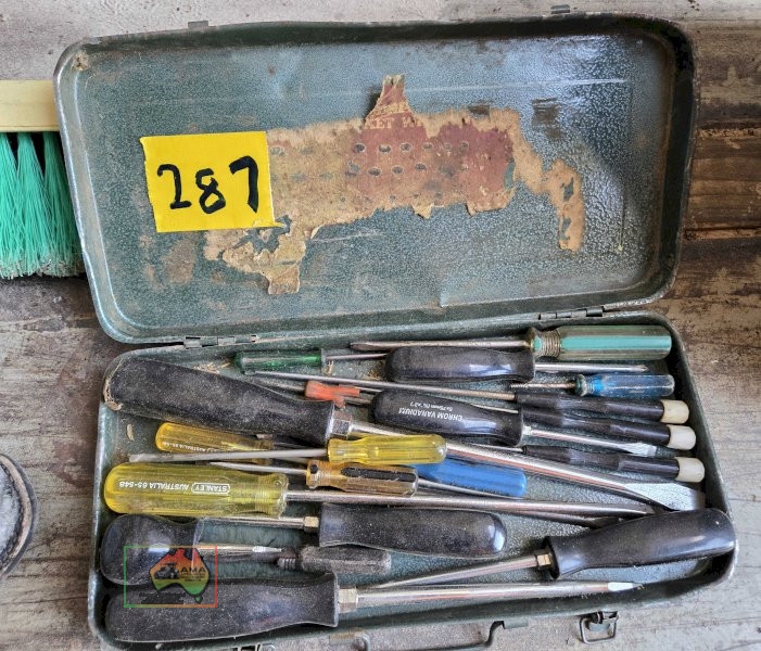 Assorted screwdrivers in small toolbox