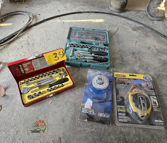 Supatools socket set, Honiton professional socket set, fat max chalk line, and spy tools torque gauge