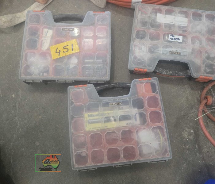 3 Tactix storage containers of assorted die inserts, drill bits, washers etc...