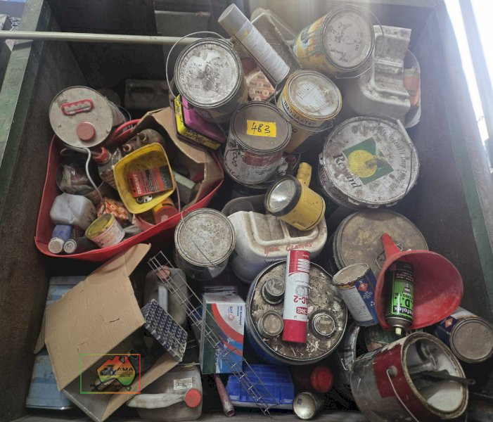 Assorted paints, oils, filters, bearings, sundry items