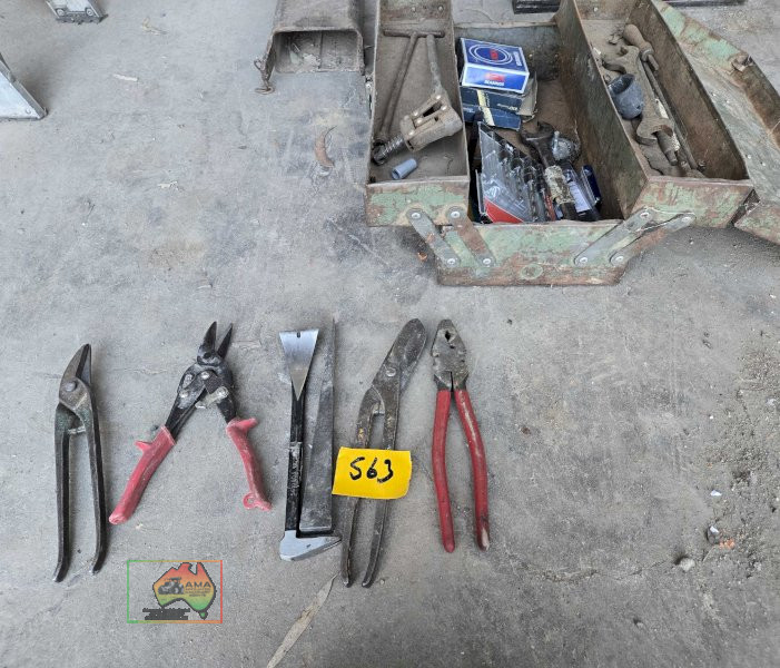 Toolbox of assorted drill bits, pliers, tin snips etc