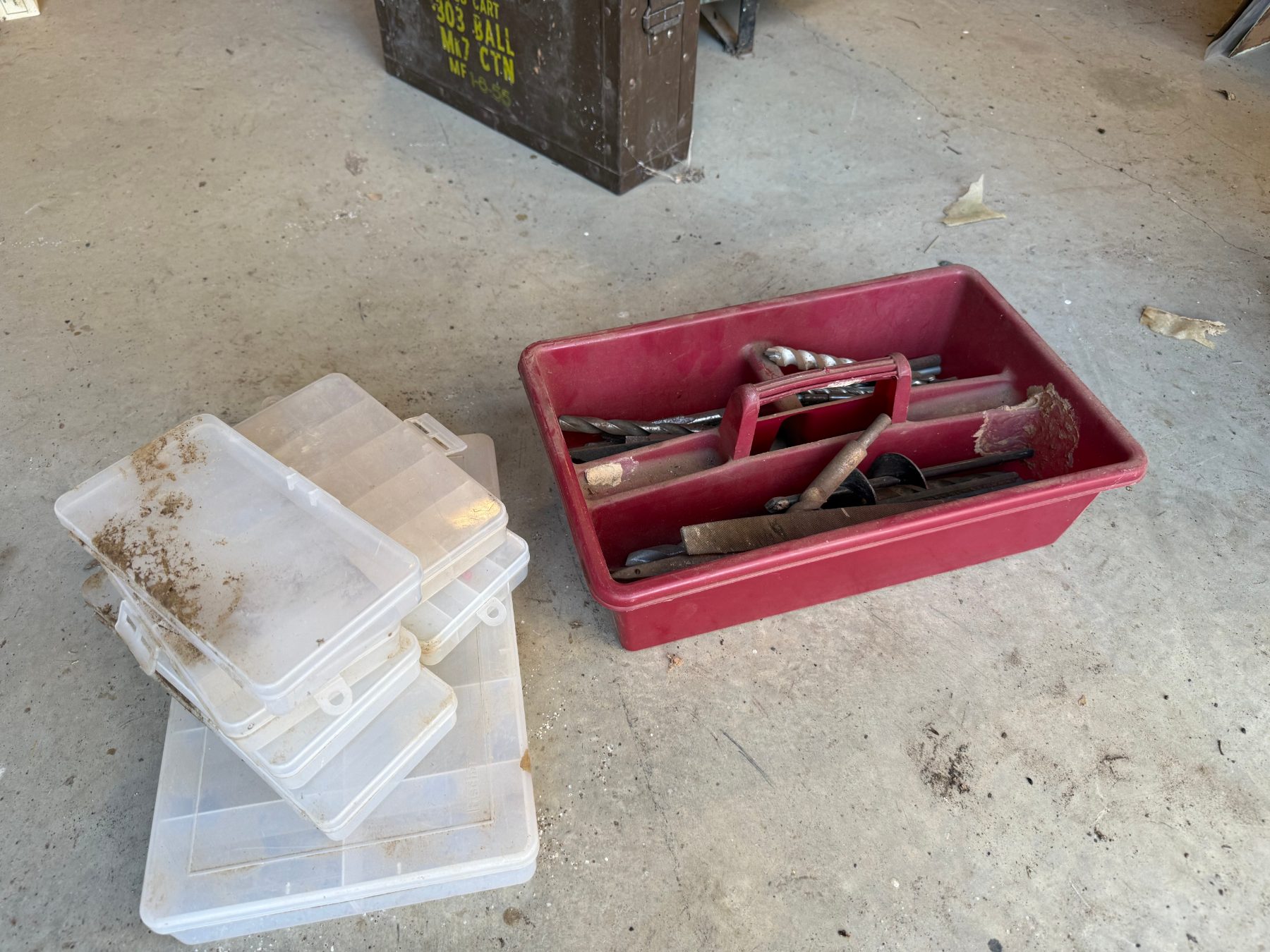 Assorted large drill bits and files in carry case & assorted storage containers