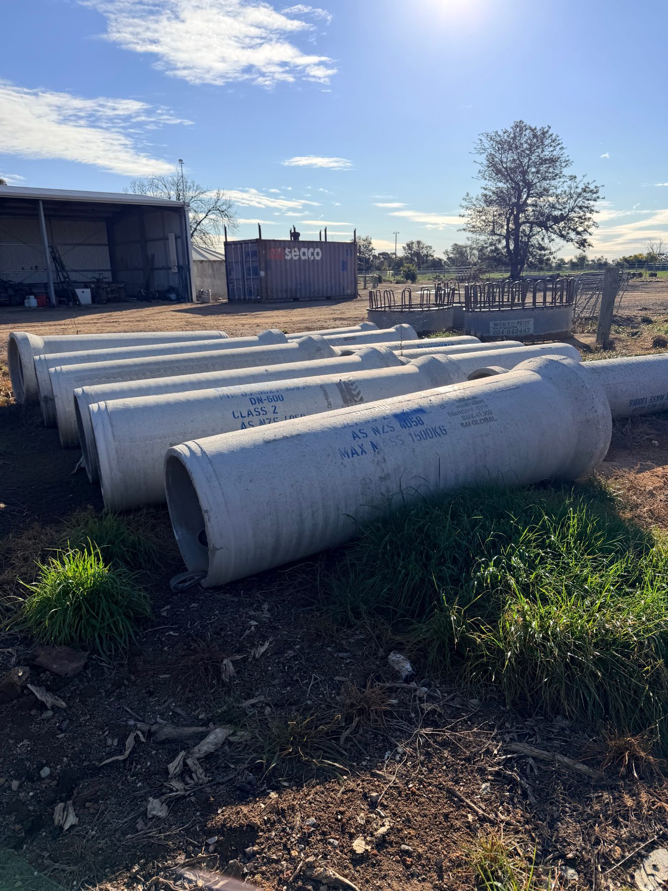 Pair of as new Civil Mart DN600 concrete pipes 600mm x 2400mm