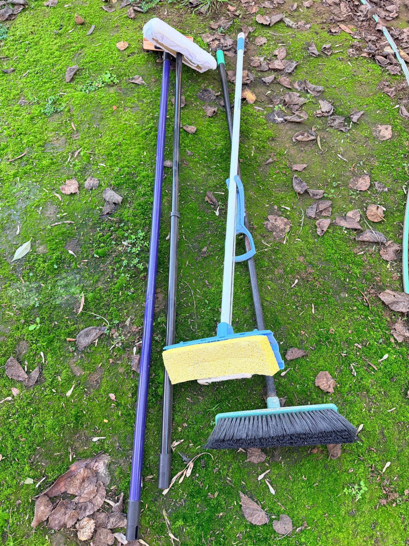 2 mops, broom, and decking paint brush