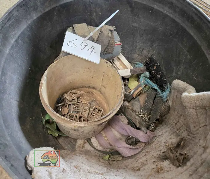 Feed Bucket of Assorted Horse Sundries