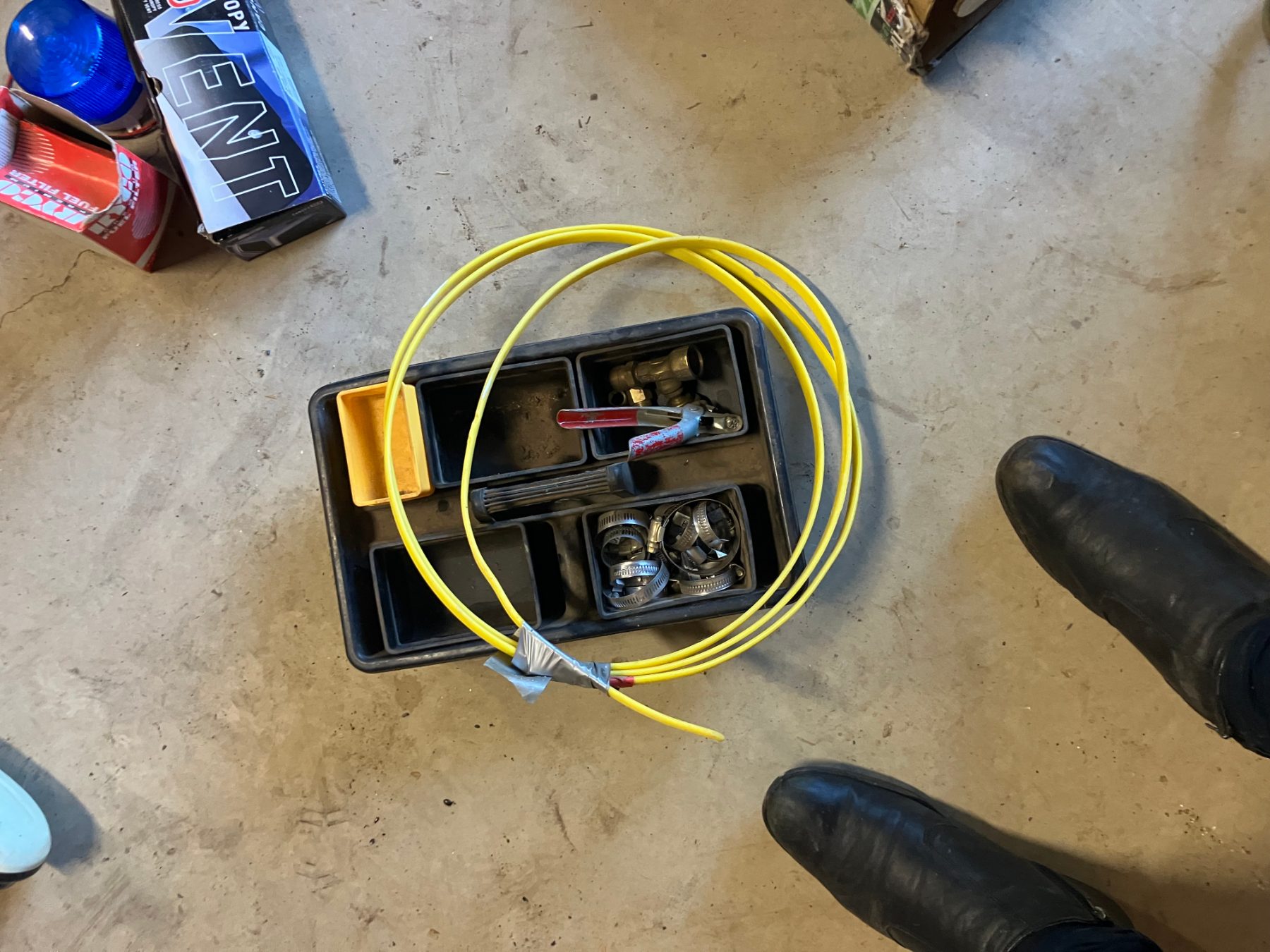Carry case of hose clamps etc. & electricians yellow tongue